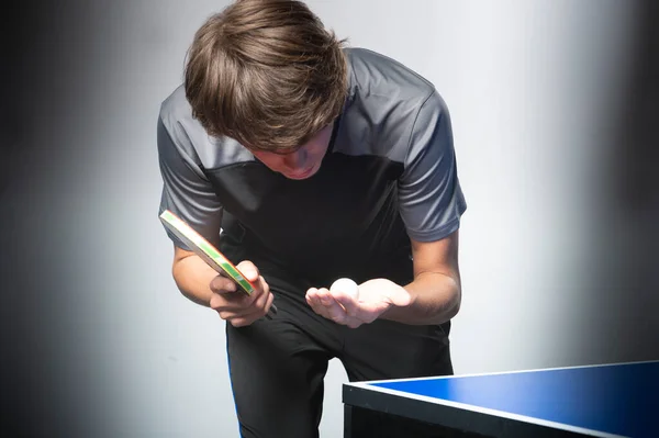 Portrait Young Man Playing Tennis Black Background Table Tenns Player — Stock Photo, Image