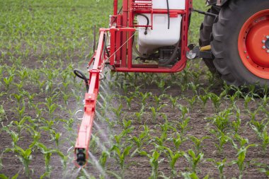 Traktör tarlada böcek ilacı kimyasallarıyla gübreleme yapıyor. 