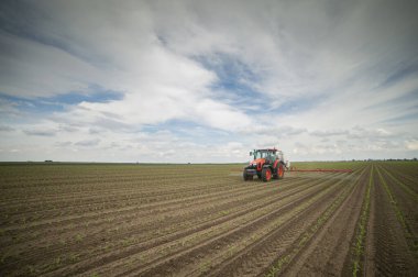 Traktör tarlada böcek ilacı kimyasallarıyla gübreleme yapıyor. 