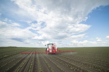 Traktör tarlada böcek ilacı kimyasallarıyla gübreleme yapıyor. 