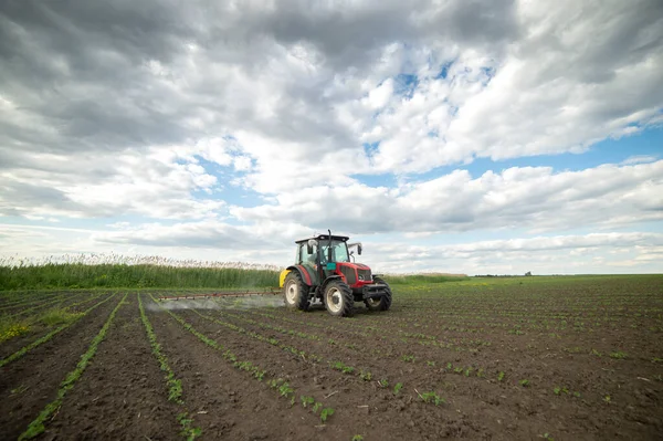 Tractorverstuiving Van Bestrijdingsmiddelen Sojavelden — Stockfoto