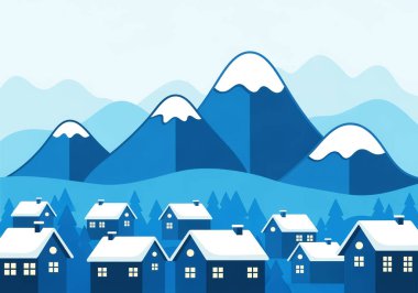 Karla kaplı küçük evlerin olduğu Noel kartı.