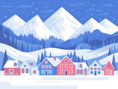 Karla kaplı küçük evlerin olduğu Noel kartı.