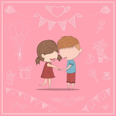 Cute cartoon doodle lovers a boy and a girl clasp. cute Valentin