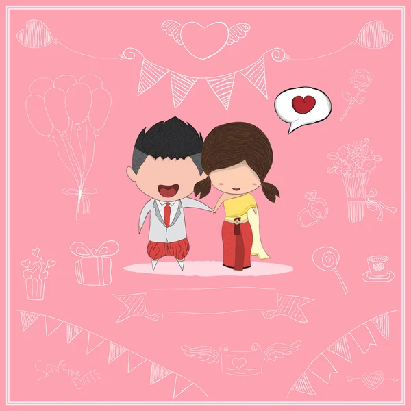 Mignon dessin animé mariage couple hommes et femmes carte style thai robe , — Image vectorielle