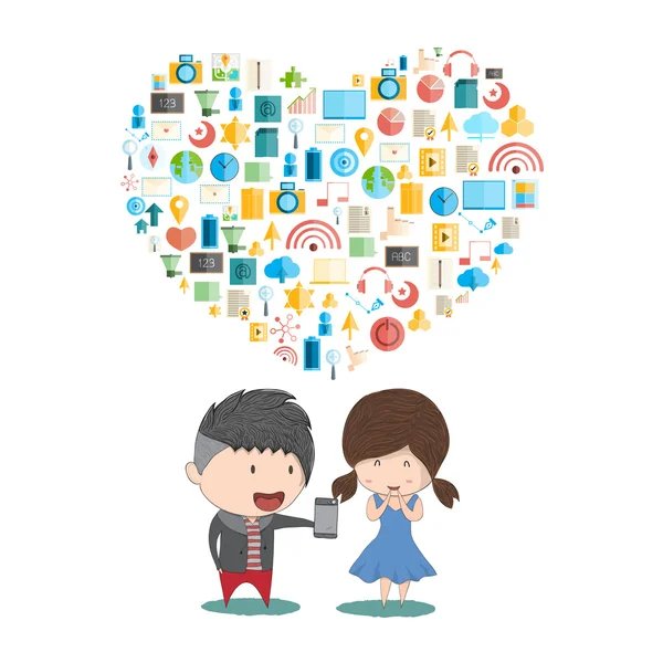 Cute cartoon boy girl with heart social network with media icons — Stok Vektör