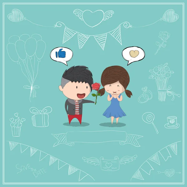 Cute cartoon boy give rose girl card, cute Valentine's Day card, — Stock vektor