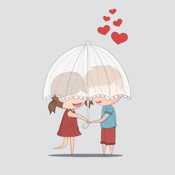 Lindo dibujos animados doodle amantes de un niño y una chica bajo la tarjeta de San Valentín umbrella.cute , — Archivo Imágenes Vectoriales