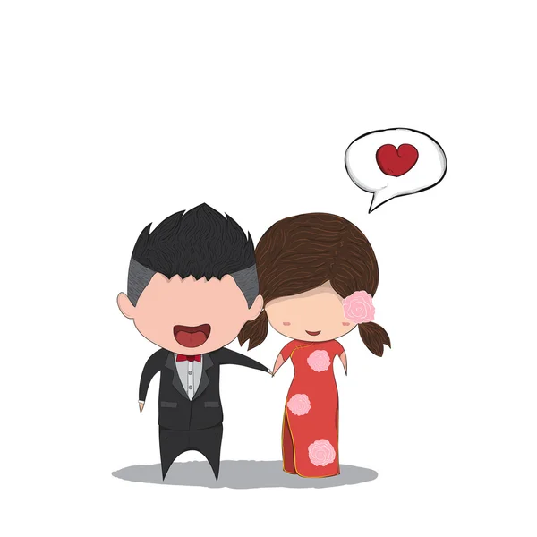 Lindo dibujo animado boda pareja hombres y mujeres chino matrimonio, lindo — Vector de stock