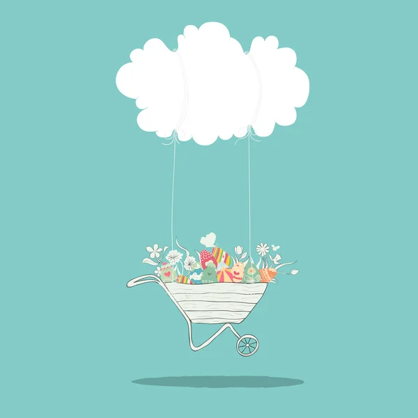 Cartone animato pasqua felice oscillando su una nuvola carro con uova, disegno — Vettoriale Stock