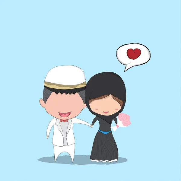 Leuke cartoon bruiloft paar mannen en vrouwen islam huwelijk, cute V — Stockvector