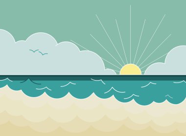 Günbatımı, denizde yaşam tatil keyfini yaz tatili. Vektör hastası