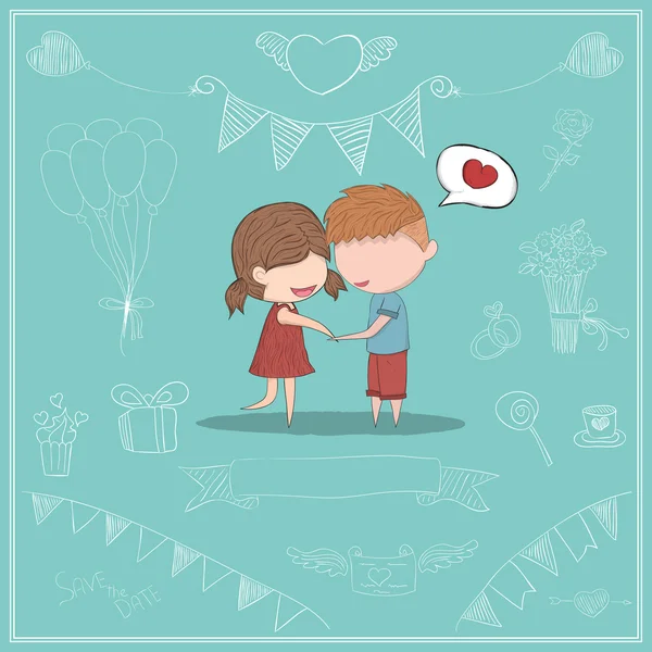 Lindo dibujos animados doodle amantes de un niño y una tarjeta de cierre de chica, lindo Val — Vector de stock