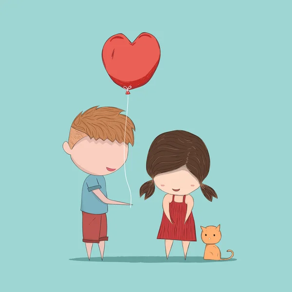 Boy heart-shaped balloons gives Girl and cat, cute Valentine's D — Stock Vector