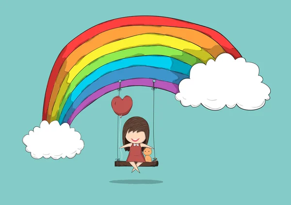 Ragazza dei cartoni animati e gatto oscillante su un arcobaleno, disegno a mano vect — Vettoriale Stock