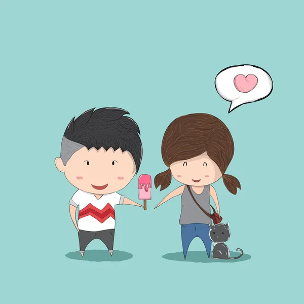 Niño en forma de corazón Helado da Chica y gato, lindo San Valentín — Vector de stock