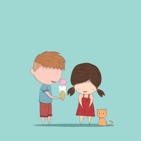 Niño en forma de corazón Helado da Chica y gato, lindo San Valentín — Vector de stock