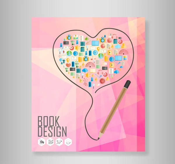 Lápiz dibujar diseño de plantilla de corazón con iconos de redes sociales espalda — Vector de stock