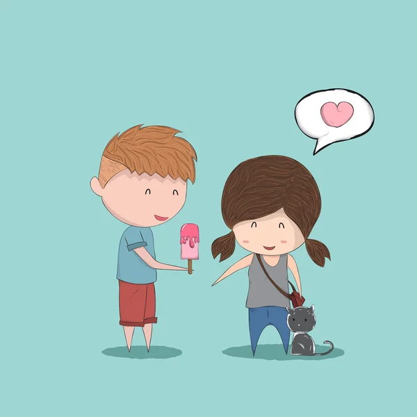 Niño en forma de corazón Helado da Chica y gato, lindo San Valentín — Vector de stock