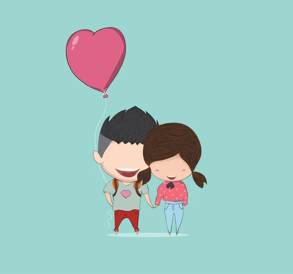 Chica y niño con globo en forma de corazón, feliz cumpleaños, dibujo — Vector de stock