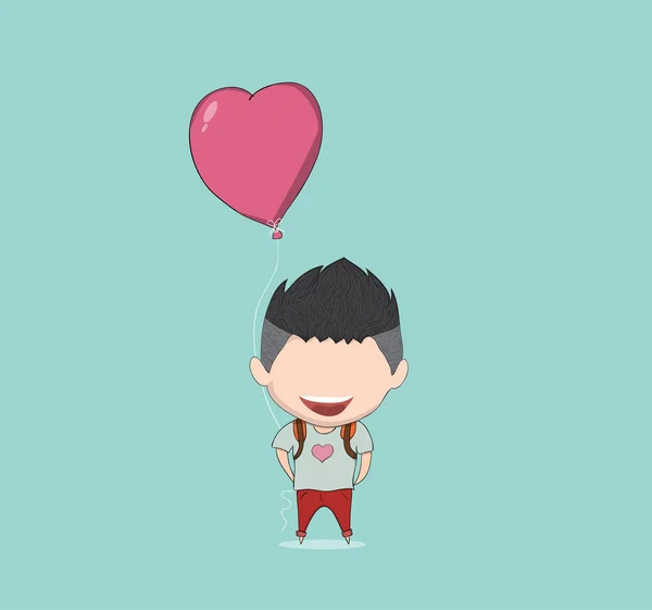 Boy with heart shaped balloon, happy birthday, drawing by hand vector — Stock Vector