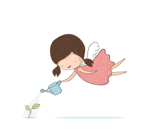 Doodle bonito de uma menina anjo menina molhando broto, jardinagem, dr — Vetor de Stock