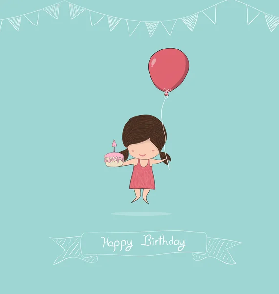 Girl with birthday cupcake and balloons, drawing by hand vector — Stock Vector