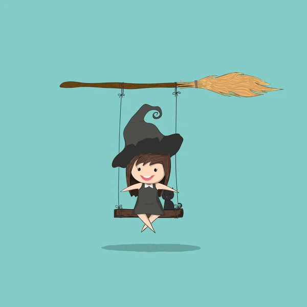 Witch cute and black cat ride on the swinging with broom, hallow — Stock Vector