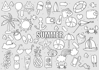 vektör simgeler ve nesneleri yaz plaj el çekilmiş