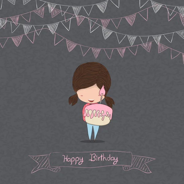 Girl with birthday cupcake blackboard background, drawing by han — Stock Vector