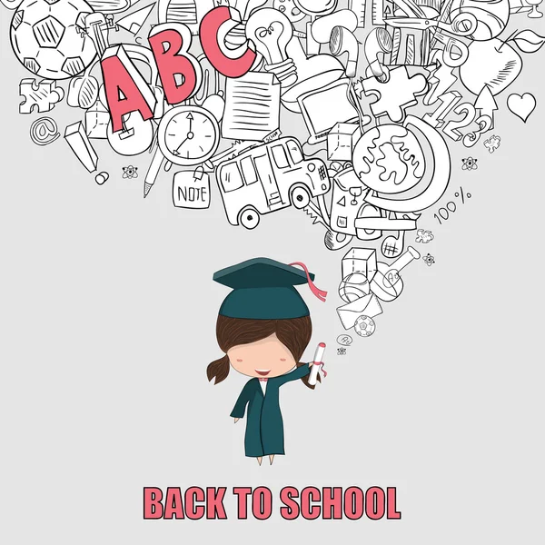 Girl graduated pupils back of school background, drawing by hand — Stock Vector