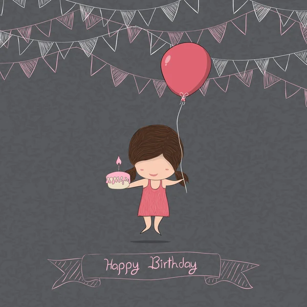 Girl with birthday cupcake blackboard background, drawing by han — Stock Vector