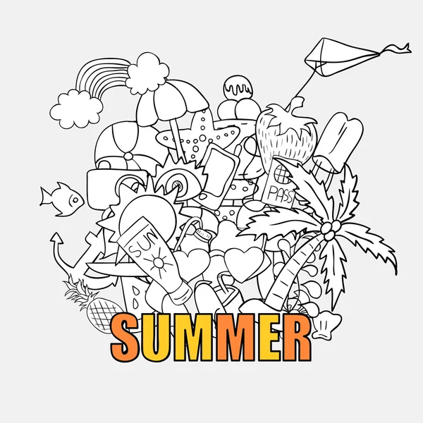 Playa de verano dibujado a mano vector símbolos y objetos de fondo — Archivo Imágenes Vectoriales