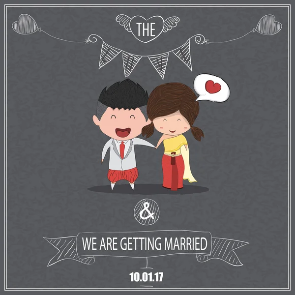 Aranyos rajzfilm esküvő házaspár férfiak és nők kártya tábla háttérben — Stock Vector