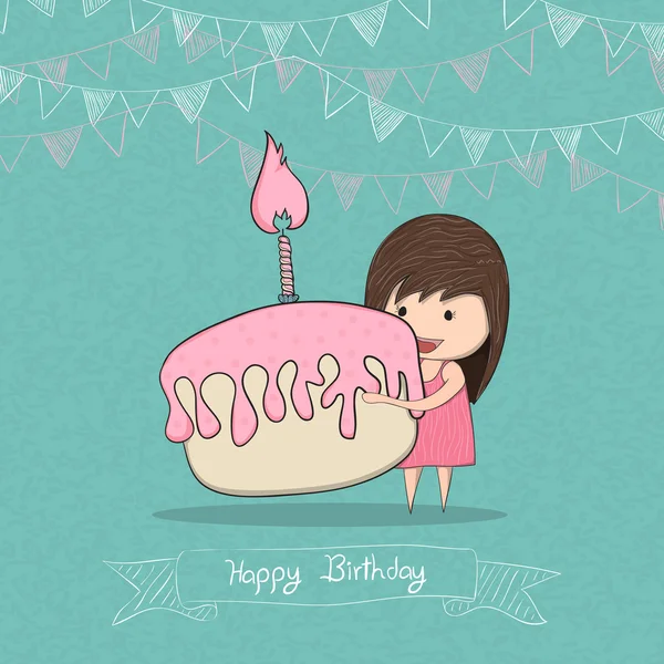 Girl with birthday cupcake background, drawing by hand vector — Stock Vector