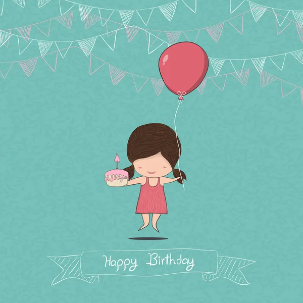 Girl with birthday cupcake background, drawing by hand vector — Stock Vector