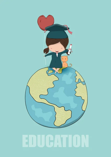 Girl graduated pupils with and cat sitting on Globe, drawing by — Stock Vector