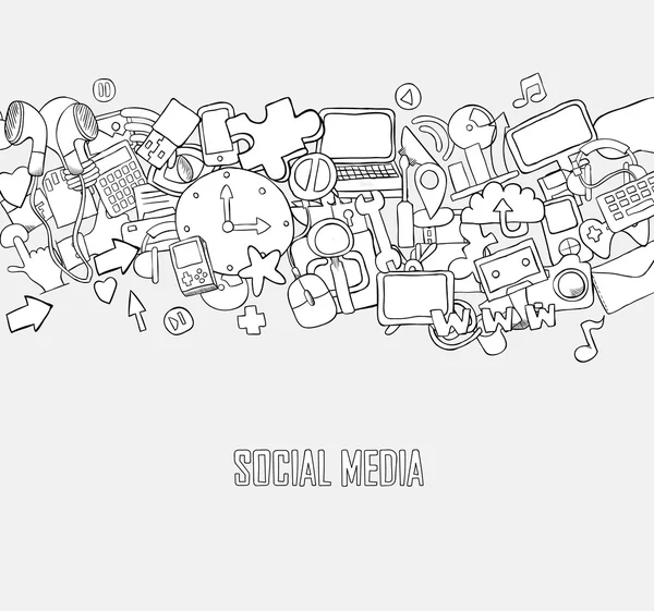 Κοινωνικό δίκτυο φόντο με εικονίδια media χέρι γράμματα και να κάνετε — Διανυσματικό Αρχείο