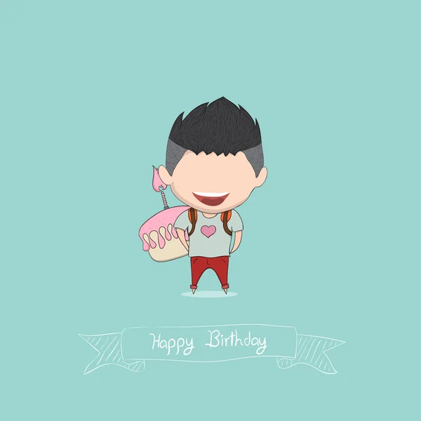 Menino com cupcake de aniversário, feliz aniversário, desenho à mão vecto — Vetor de Stock