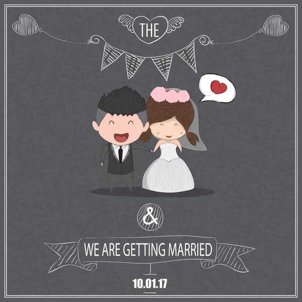 Mignon dessin animé mariage couple hommes et femmes carte tableau noir backgr — Image vectorielle