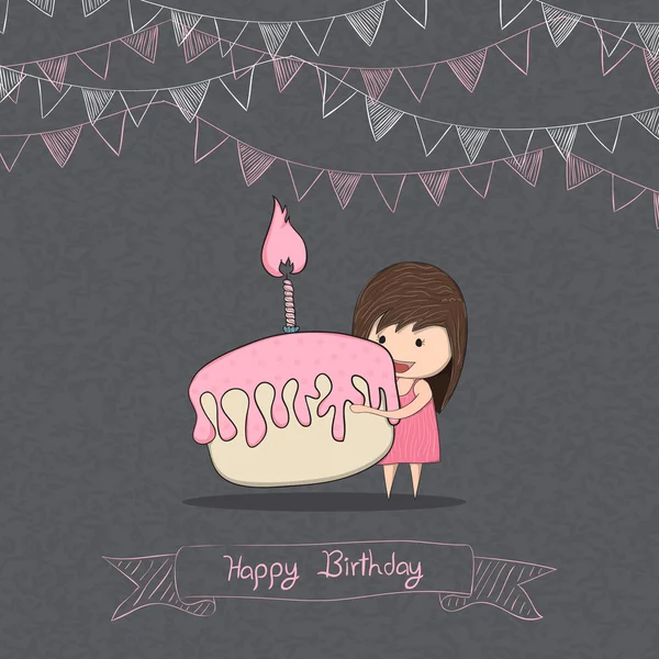 Girl with birthday cupcake blackboard background, drawing by han — Stock Vector