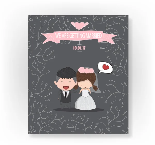 Libro lindo dibujos animados boda pareja hombres y mujeres tarjeta pizarra b — Vector de stock