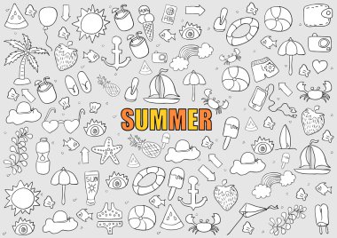 vektör simgeler ve nesneleri yaz plaj el çekilmiş