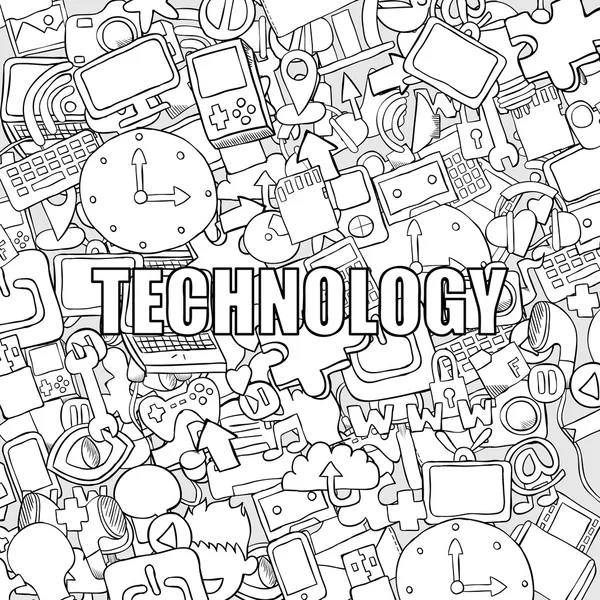 Fond technologique avec des icônes médiatiques lettrage à la main et gribouillage — Image vectorielle