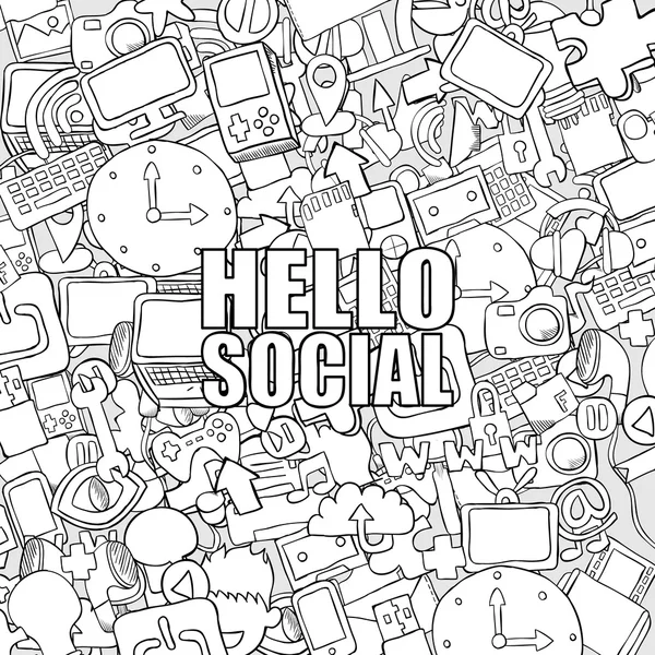 Hola fondo social con iconos de medios de comunicación tecnología mano letteri — Vector de stock