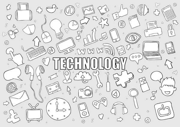 Fond technologique avec des icônes médiatiques lettrage à la main et gribouillage — Image vectorielle