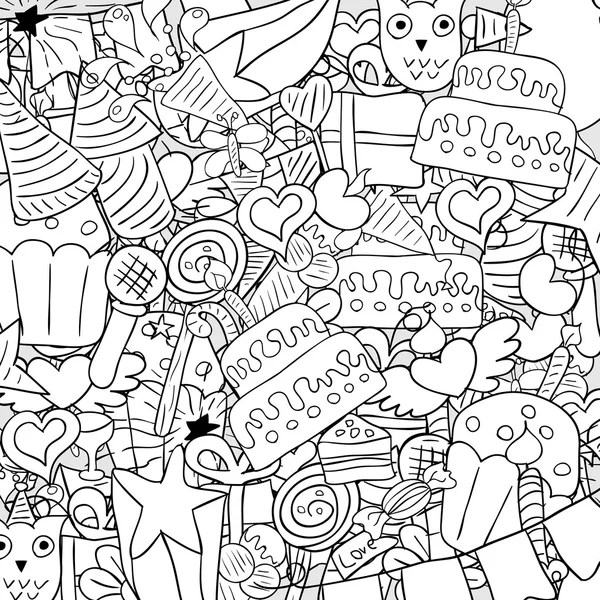 Feliz aniversário doodles fundo, desenho à mão vetor — Vetor de Stock