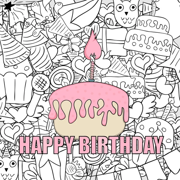 Birthday cupcake background happy birthday doodles, drawing — Stock Vector