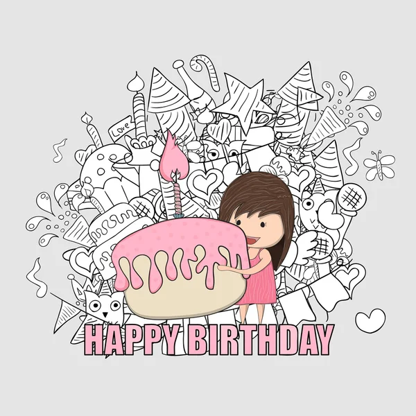 Girl with birthday cupcake background happy birthday doodles, — Stock Vector