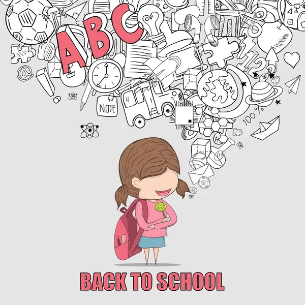 Schoolgirl pupils back of school background, drawing by hand vec — Stock Vector